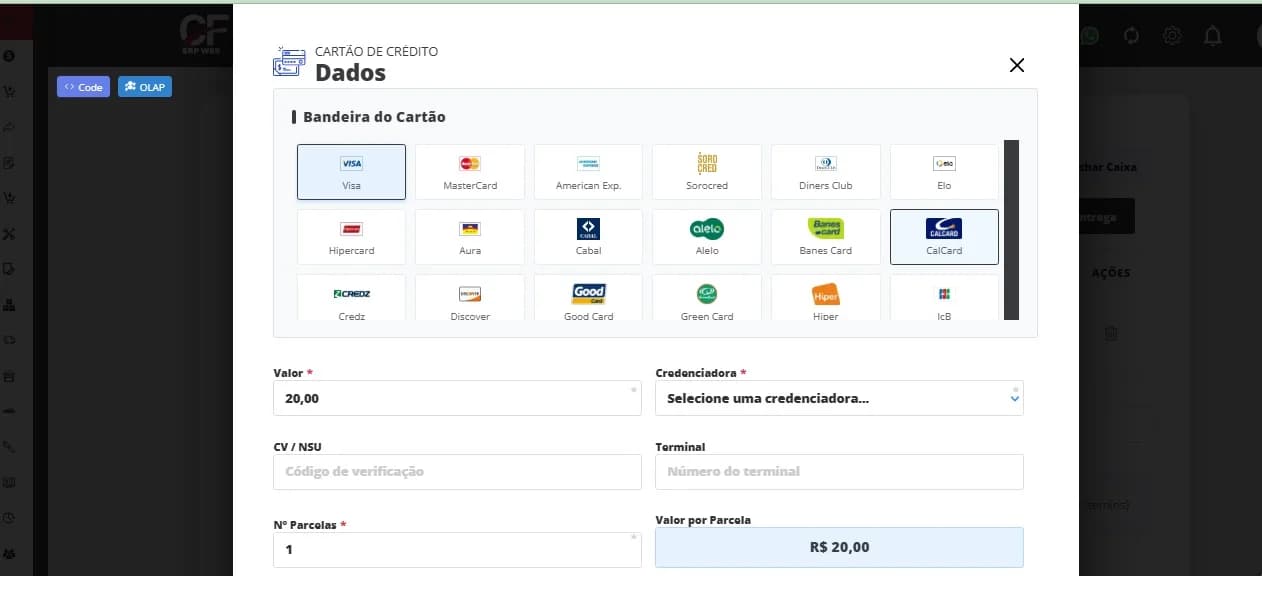 Tela de pagamento com cartão de crédito no PDV